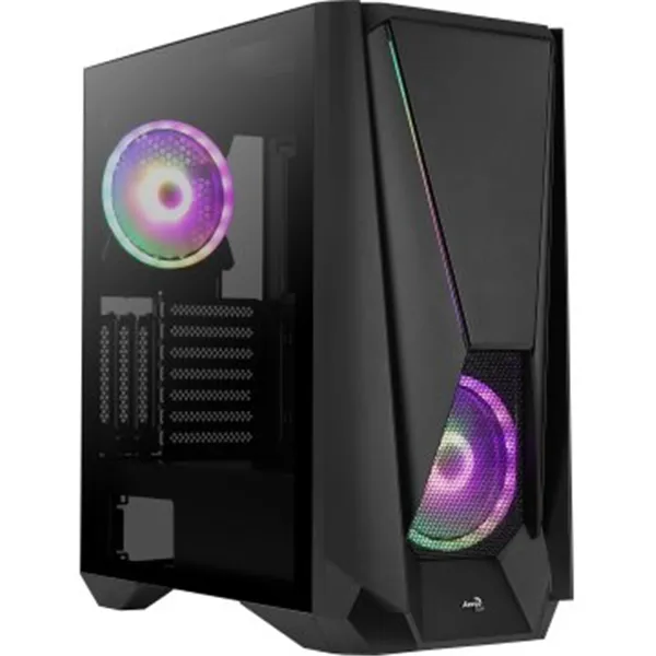 Caja E-atx Torre Gaming Aerocool Visor Black Frontal Con Lineas Rgb Y Ventilador 140mm Argb Panel La