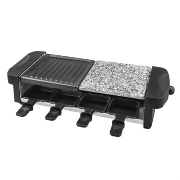 Raclette Grill Y Piedra Kuken Rectangular 1200w Plancha Antiadherente Con 8 Sartenes Color Negro