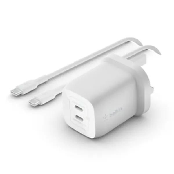 Cargador De Pared Belkin Wch013vf2mwh-b6 Doble Usb-c Gan Boost Charge 65w (45w+20w) + Cable Usb-c 2m