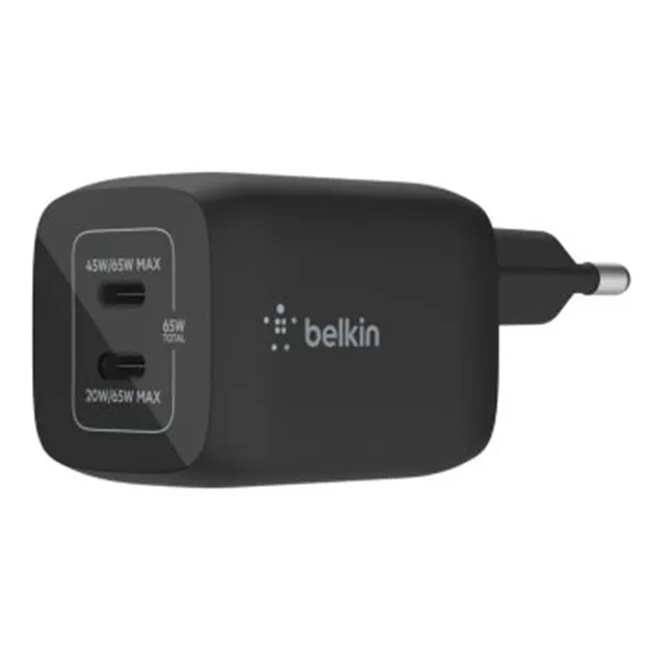 Cargador De Pared Belkin Wch013vfbk Doble Usb-c Gan Boost Charge Pro 65w (45w+20w) Negro