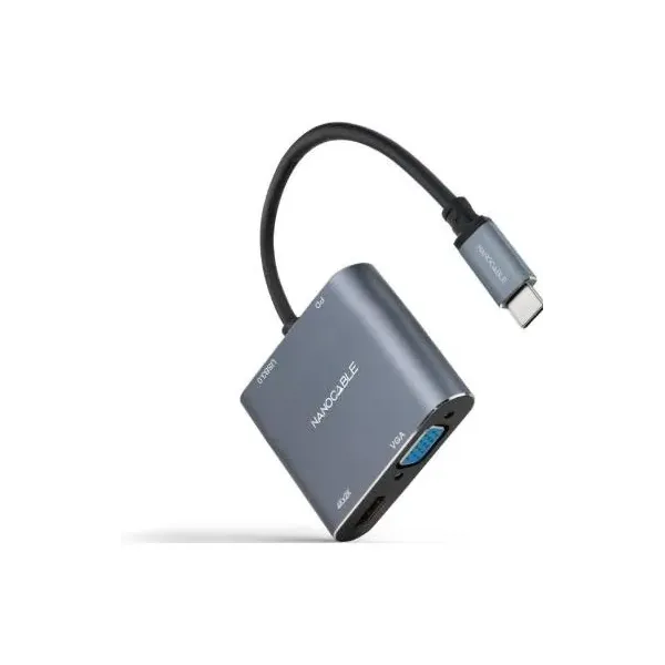 Conversor Nanocable 10.16.4304/ USB Tipo-C Macho/ HDMI 4K Hembra - VGA Hembra - USB Tipo-C PD Hembra - USB Hembra/ 15cm/ Gris
