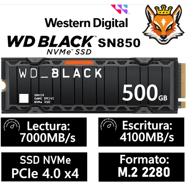 WD SSD Black SN850 con Disipador 500GB NVMe a 7000MB/s PCIe 4.0 M.2 2280