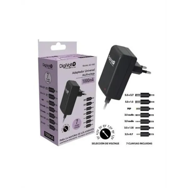 Transformador De Corriente Digivolt Universal Multi Voltaje, Multi Clavija 3v Hasta 12v,,1000ma Ad-1000