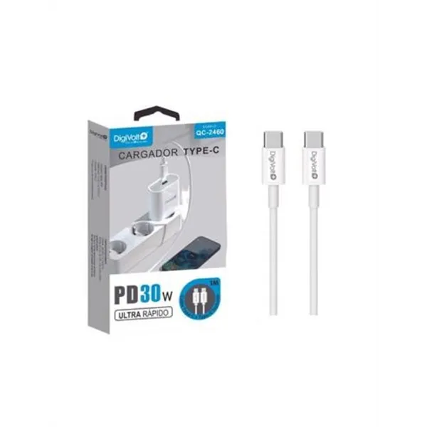 Cargador De Pared Digivolt Qc-2460 Usb-c Ultra Rapido 30w + Cable Usb-c A Usb-c Qc-2460