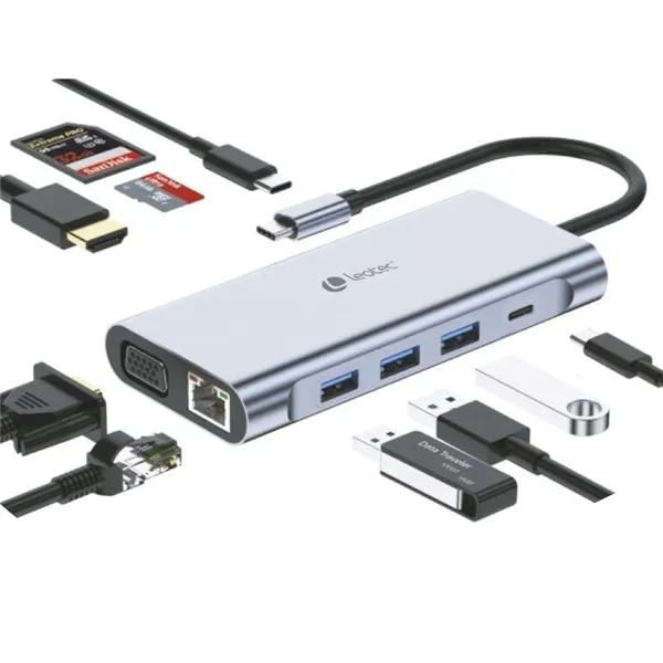 Docking USB Tipo-C Leotec LEDS01/ 3xUSB/ 2xUSB Tipo-C/ 1xUSB Tipo-C PD/ 1xHDMI 4K/ 1xVGA/ 1xRJ45/ 1xAudio/ 1xLector Tarjetas SD