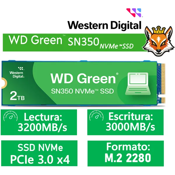 WD SSD Green SN350 2TB NVMe a 3200MB/s PCIe 3.0 M.2 2280