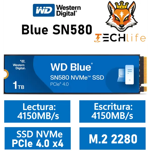 WD SSD Blue SN580 1TB NVMe a 4150MB/s PCIe 4.0 M.2 2280