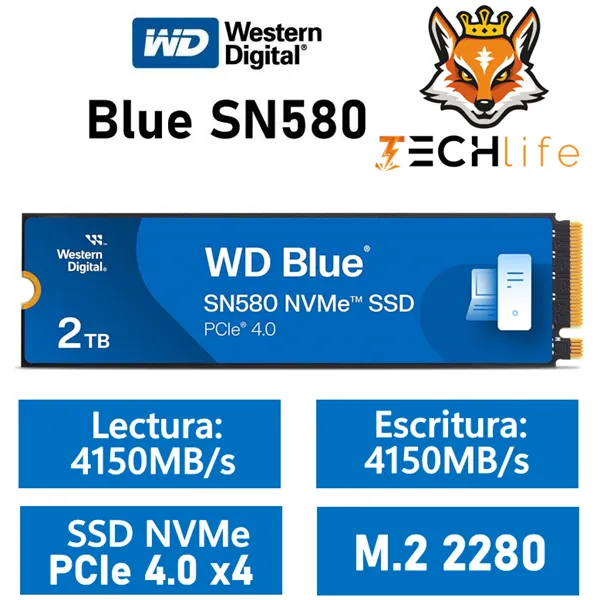 WD SSD Blue SN580 2TB NVMe a 4150MB/s PCIe 4.0 M.2 2280