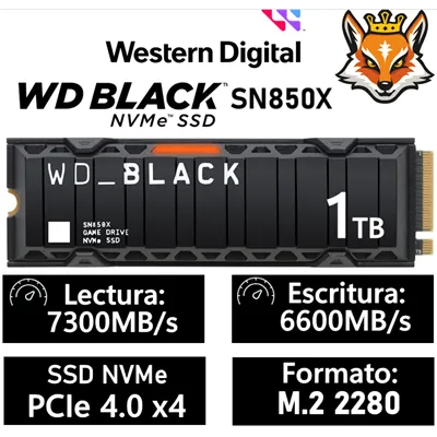 WD SSD Black SN850X con Disipador 1TB NVMe a 7300MB/s PCIe 4.0