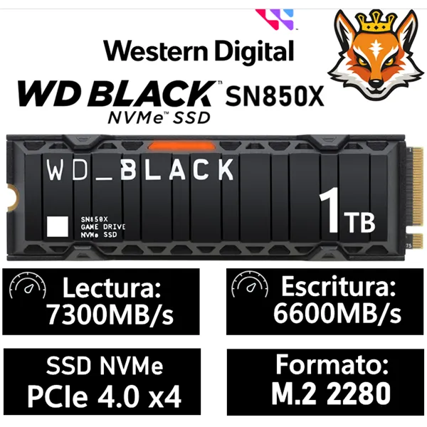 WD SSD Black SN850X con Disipador 1TB NVMe a 7300MB/s PCIe 4.0 M.2 2280