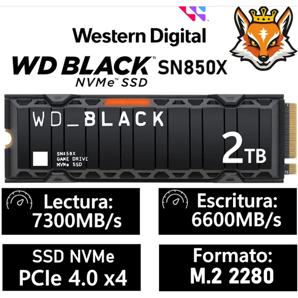 WD SSD Black SN850X con Disipador 2TB NVMe a 7300MB/s PCIe 4.0 M.2 2280