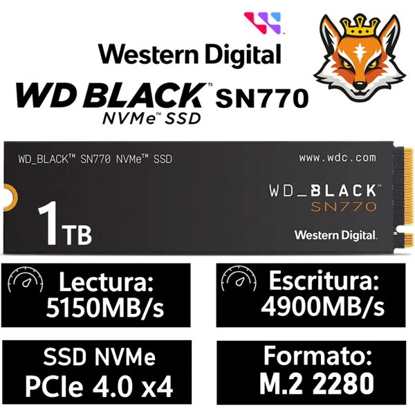 WD SSD Black SN770 1TB NVMe a 5150MB/s PCIe 4.0 M.2 2280