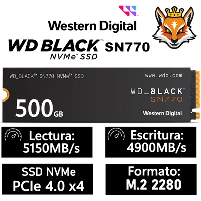 WD SSD Black SN770 500GB NVMe a 5000MB/s PCIe 4.0 M.2 2280