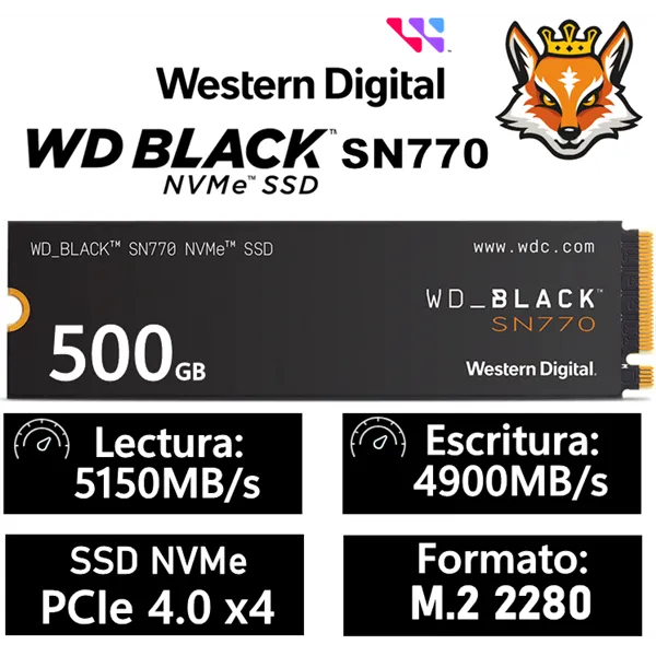 WD SSD Black SN770 500GB NVMe a 5000MB/s PCIe 4.0 M.2 2280