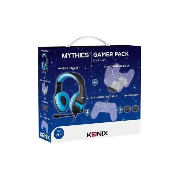 PACK GAMER KONIX PS4 HEADSET GAMING + BASE DE CARGA DUAL + CABLE DE CARGA + GRIPS + FUNDA KX-GPK-P4