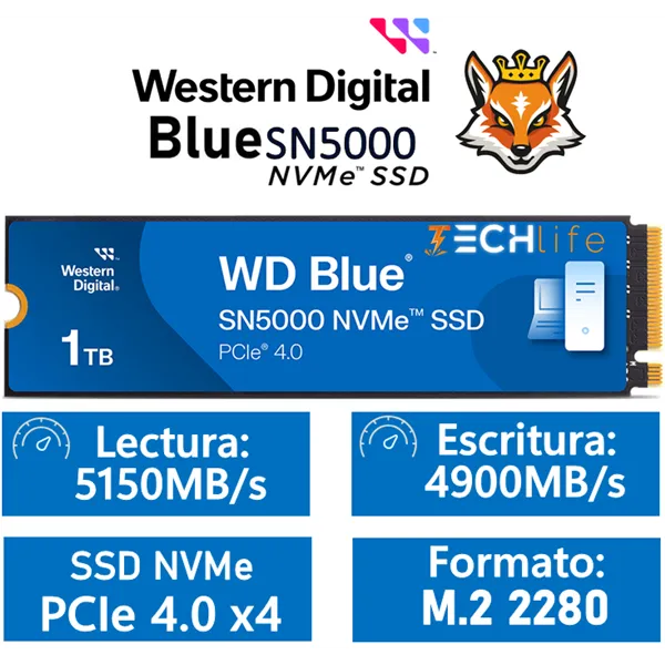 WD SSD Blue SN5000 1TB NVMe a 5150MB/s PCIe 4.0 M.2 2280