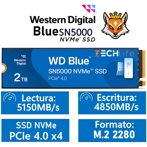 WD SSD Blue SN5000 2TB NVMe a 5150MB/s PCIe 4.0 M.2 2280