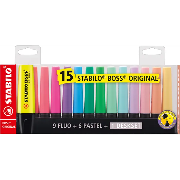 Peana de Marcadores Fluorescentes Stabilo Boss Original/ 15 Unidades/ Colores Surtidos/ Incluye Soporte