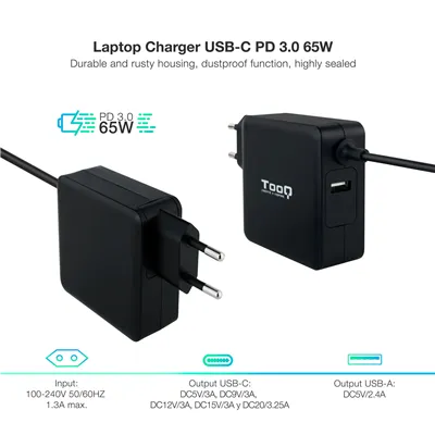 Cargador de Portátil TooQ TQLC-USBC65PD USB Tipo-C/ 65W/