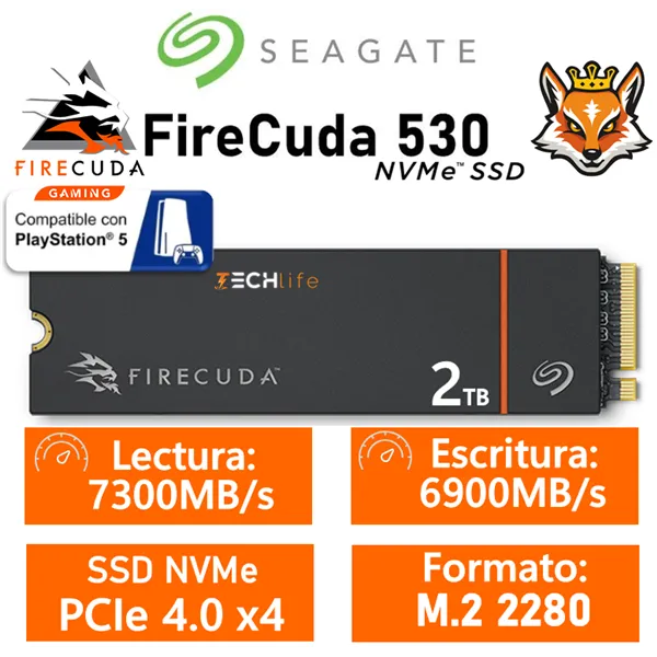 Seagate FireCuda 530 SSD 2TB con disipador a 7300MB/s PCIe 4.0 x4 compatible PS5