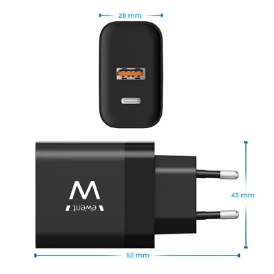 Ewent EW1327 Cargador Rápido GaN de 2 puertos (USB-C y USB-A)