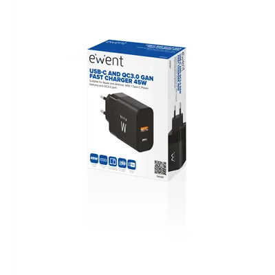 Ewent EW1327 Cargador Rápido GaN de 2 puertos (USB-C y USB-A)