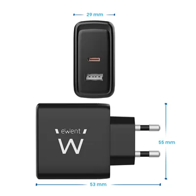 Ewent EW1330 Cargador Rápido GaN de 2 puertos (USB-C y USB-A)