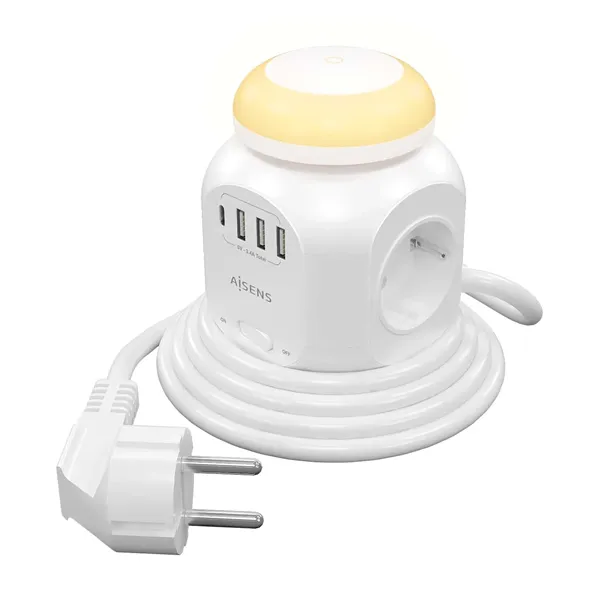 Regleta con Interruptor y Luz Nocturna Aisens ASPS-3A1CL01-W/ 4 Tomas de Corriente/ 1 USB Tipo-C/ 3 USB/ Cable 1.8m/ Blanco