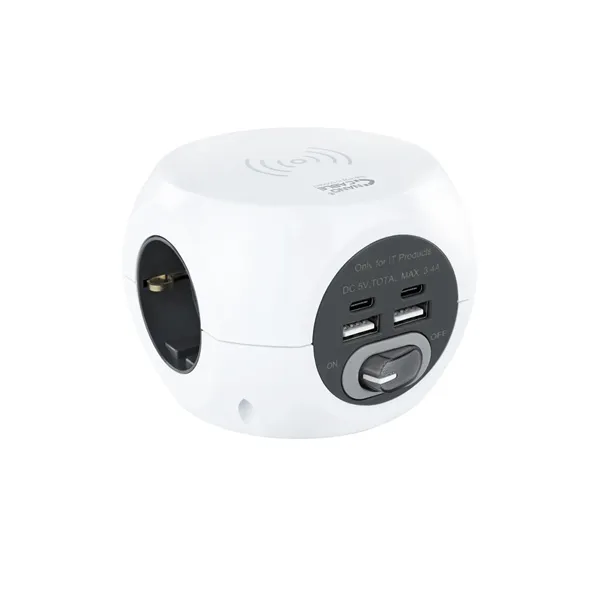 Regleta Nanocable 10.37.0002 con Carga inalámbrica/ 3 Tomas de corriente/ 2 USB A - 2 USB Tipo C/ Cable 1.4m/ Blanca