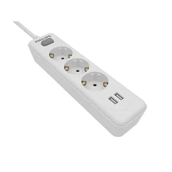 Regleta con Interruptor Philips SPN3032WA/10/ 3 Tomas de corriente/ 2 USB/ Cable 2m/ Blanca