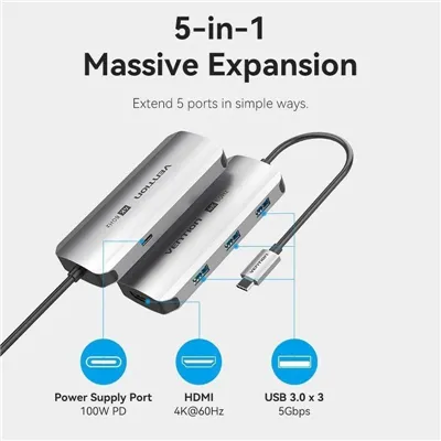 Docking USB Tipo-C Vention TQDHB/ 1xHDMI 4K/ 3xUSB/ 1xUSB