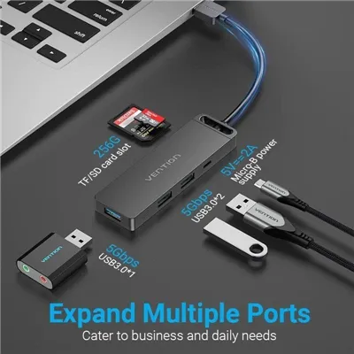 Docking USB 3.0 Vention CHVBB/ 3xUSB/ 1xMicroUSB PD/ 1xLector