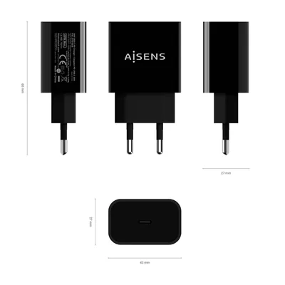 Cargador de Pared Aisens A110-0538/ 1xUSB Tipo-C PD3.0/ 20W/