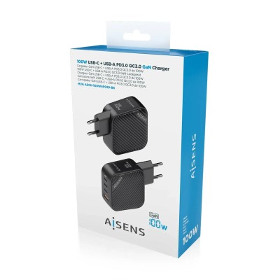 Cargador Gan de Pared Aisens ASCH-100W4P029-BK/ 3xUSB Tipo-C/