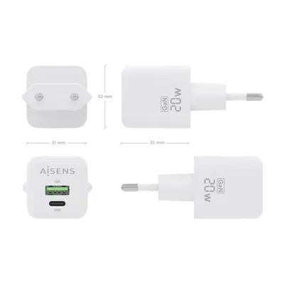 Cargador Gan de Pared Aisens ASCH-20W2P010-W/ 1xUSB Tipo-C/