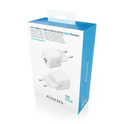 Cargador Gan de Pared Aisens ASCH-20W2P010-W/ 1xUSB Tipo-C/