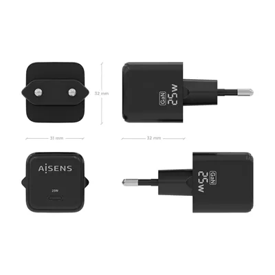 Cargador Gan de Pared Aisens ASCH-25W1P013-BK/ 1xUSB Tipo-C/ 25W