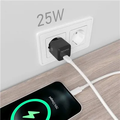 Cargador Gan de Pared Aisens ASCH-25W1P013-BK/ 1xUSB Tipo-C/ 25W