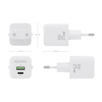 Cargador Gan de Pared Aisens ASCH-25W2P014-W/ 1xUSB Tipo-C/