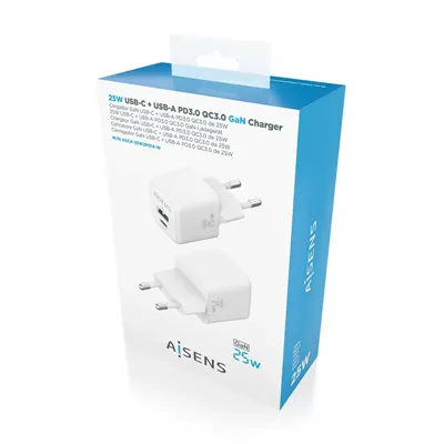 Cargador Gan de Pared Aisens ASCH-25W2P014-W/ 1xUSB Tipo-C/