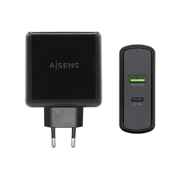 Cargador de Pared Aisens ASCH-2PD30QC-BK/ 1xUSB Tipo-C/ 1x USB/ 48W