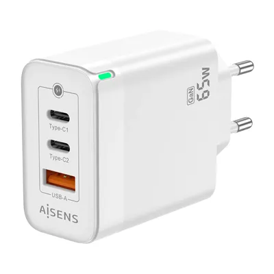 Cargador Gan de Pared Aisens ASCH-65W3P007-W/ 2xUSB Tipo-C/ 1x