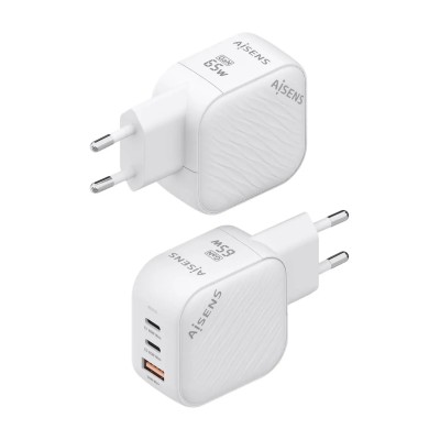 Cargador Gan de Pared Aisens ASCH-65W3P026-W/ 2xUSB Tipo-C/