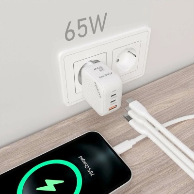 Cargador Gan de Pared Aisens ASCH-65W3P026-W/ 2xUSB Tipo-C/