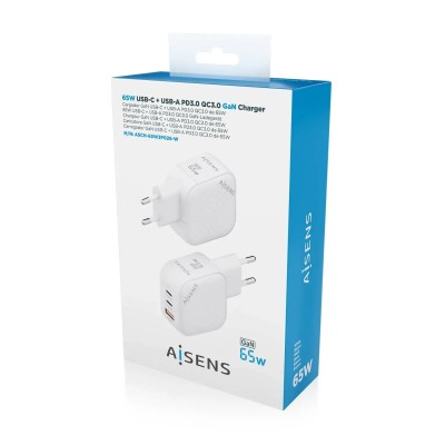 Cargador Gan de Pared Aisens ASCH-65W3P026-W/ 2xUSB Tipo-C/