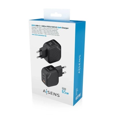 Cargador Gan de Pared Aisens ASCH-65W3P027-BK/ 2xUSB Tipo-C/