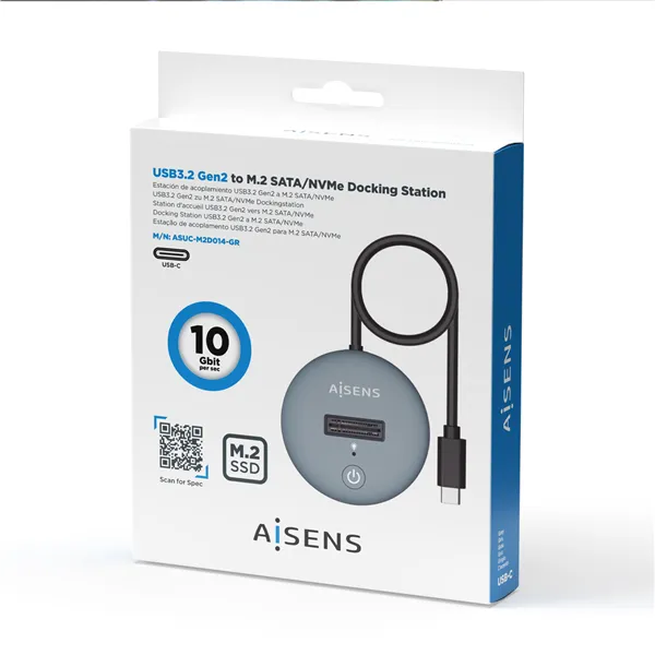 Aisens ASUC-M2D014-GR Mini Docking USB-C redondo para disco SSD M2 SATA/NVMe NGFF Gris