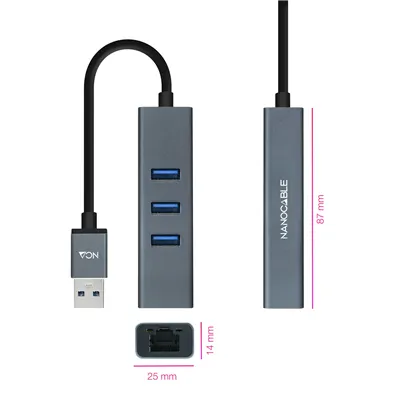 Hub USB 3.0 Nanocable 10.03.0407/ 3xUSB/ 1xRJ45/ Gris