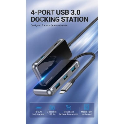 Hub USB Tipo-C Vention TFDHB/ 4xUSB/ 1xUSB Tipo-C PD/ Gris