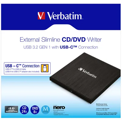 Grabadora Externa CD/DVD Verbartim 43886 conexión USB Tipo-C